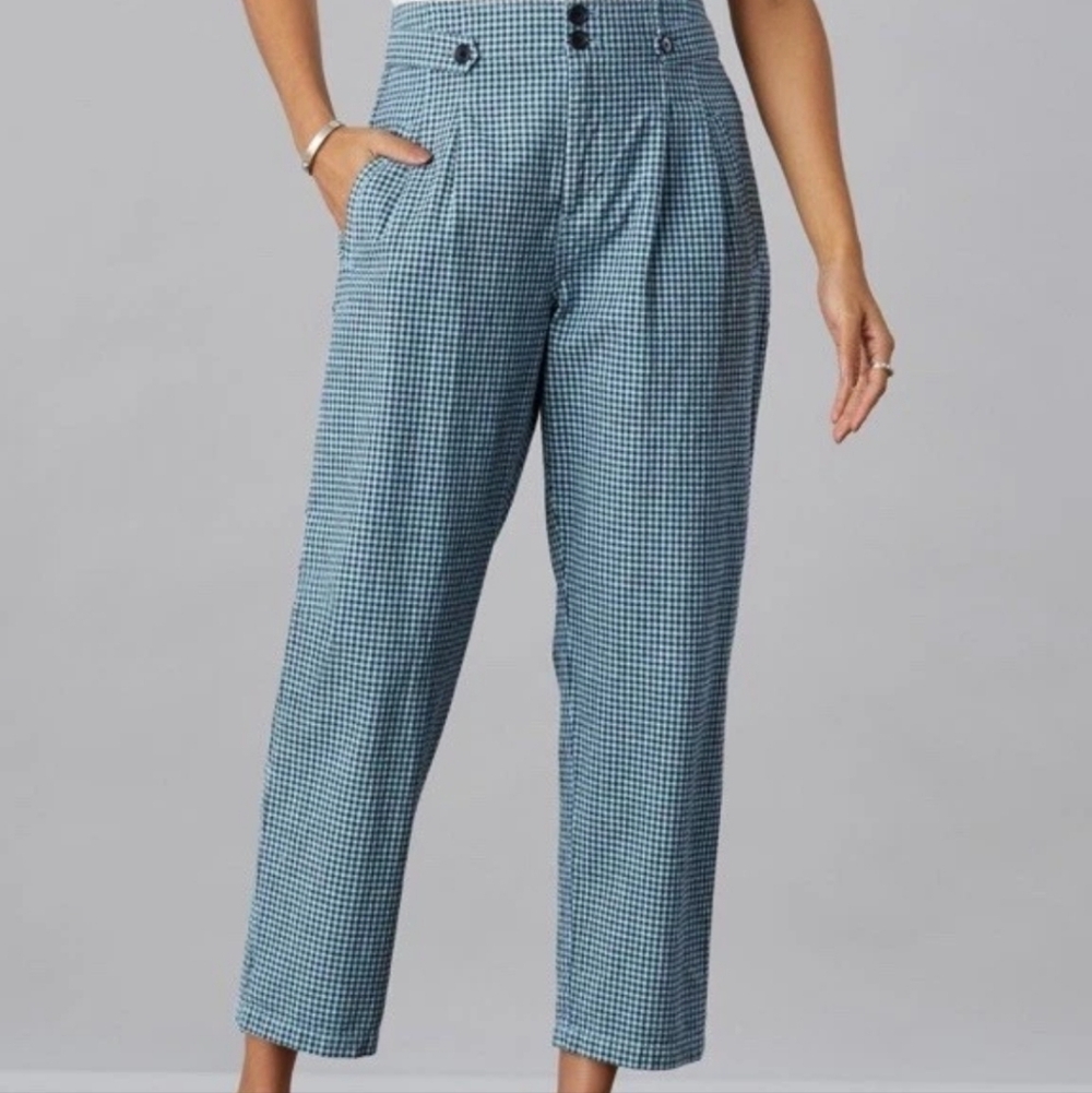 High-Waist Gingham Tapered Pants - Blue
